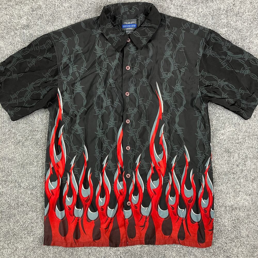Extreme Gear Button-Up Shirt Mens Size XL Black Red Flame Barbed WireShortSleeve